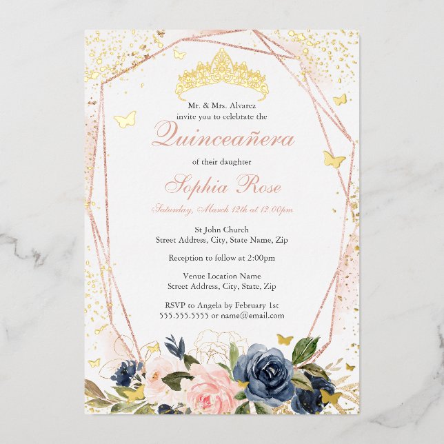 Tiara Butterfly Floral Blush Pink Navy Quinceanera (Front)
