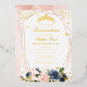 Tiara Butterfly Floral Pink Navy Quinceanera