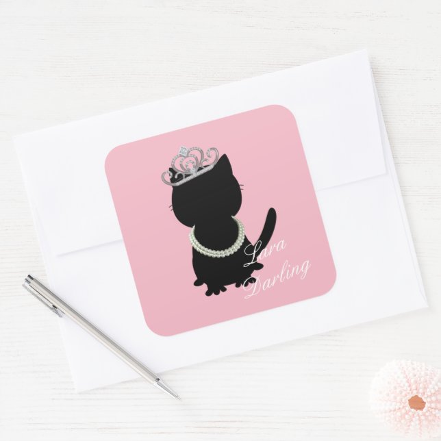Tiara Cat Shower Pink Shower Party Square Sticker (Envelope)