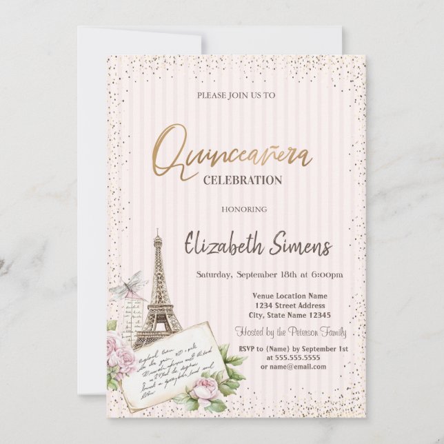 Tiara,Confetti,Eiffel Tower Roses Striped Invitation (Front)