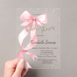 Tiara,Confetti,Pink Bow Bridal Shower Acrylic Invitations