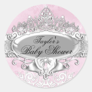 Tiara & Damask Pink Baby Shower Sticker
