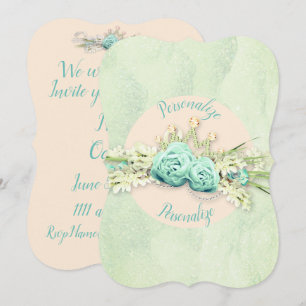 Tiara diamond floral and lace mint cream teal invitation