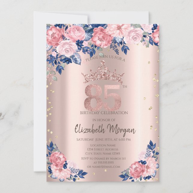 Tiara Diamonds Blue Roses Rose Gold 85th Birthday Invitation (Front)