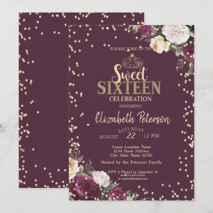 Tiara,Diamonds Burgundy Floral Sweet 16 Party Invitation