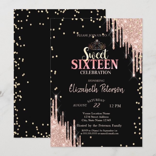 Tiara, Diamonds Glitter Drips Sweet 16 Party Invitation (Front/Back)