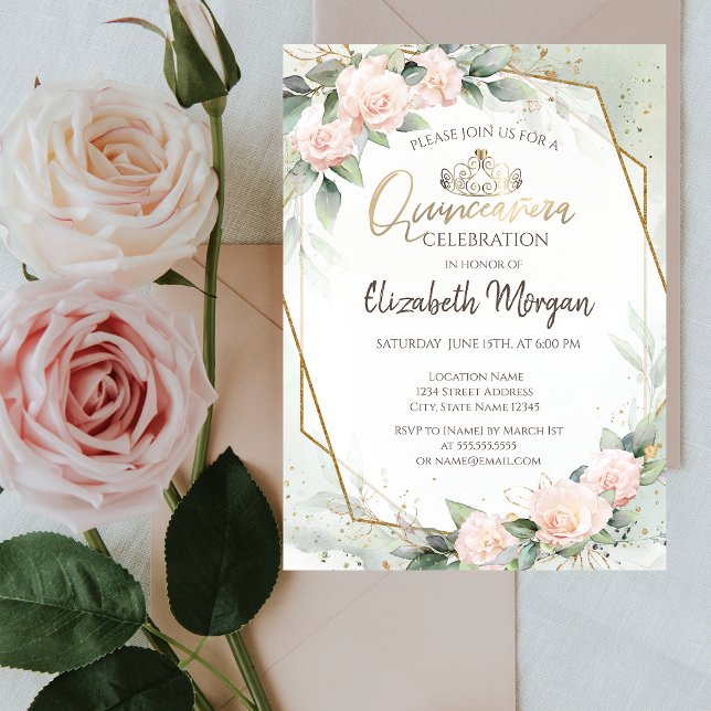 Tiara,Diamonds,Roses Watercolor Green Quinceañera Invitation (Creator Uploaded)