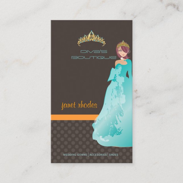 Tiara/diva's boutique/dark taupe/teal/orange business card (Front)