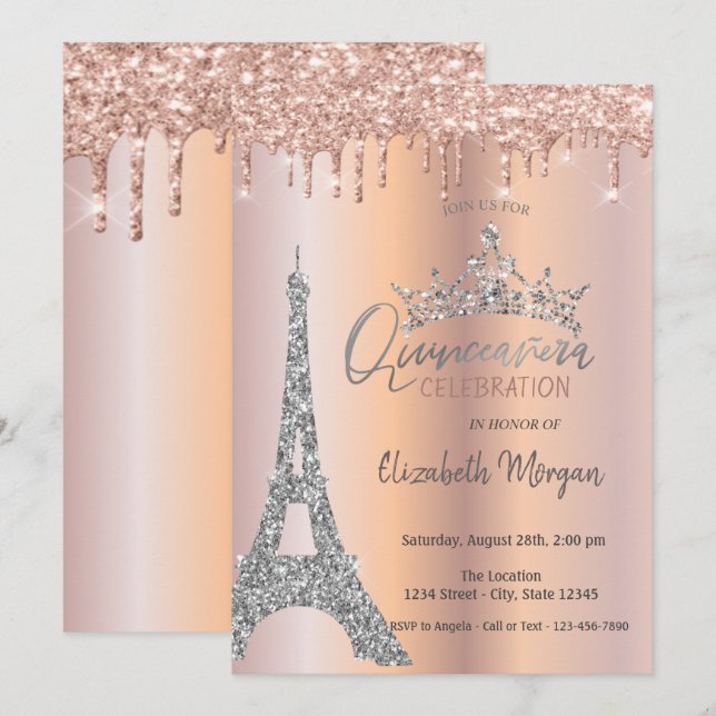 Tiara Drops Glitter Rose Gold Invitation (Front/Back)