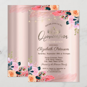 Tiara,Flowers Feather Rose Gold Quinceañera Invitation