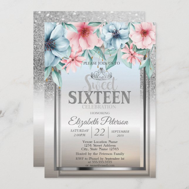 Tiara,Frame Silver Glitter Bokeh Floral Sweet 16 Invitation (Front/Back)