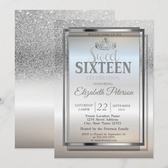 Tiara,Frame Silver Glitter Bokeh Sweet 16 Party Invitation (Front/Back)
