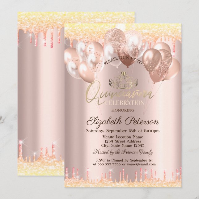 Tiara,Glitter Drops Balloons Quinceañera Invitation (Front/Back)