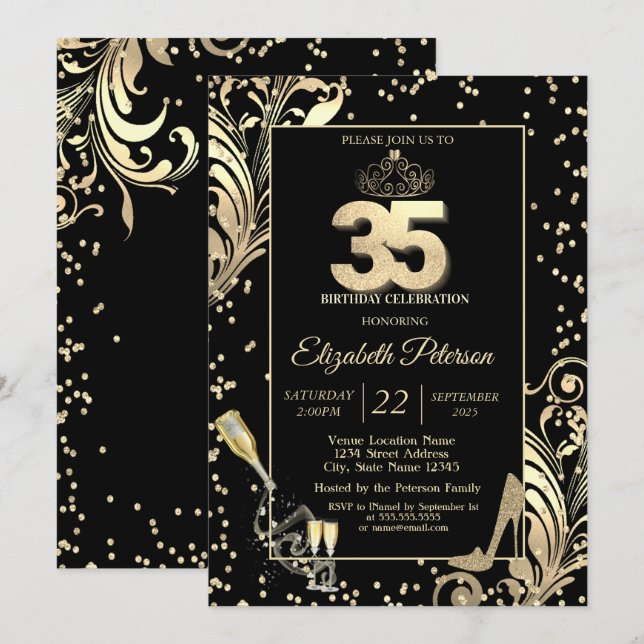 Tiara Glitter Heels Diamonds Swirls 35th Birthday Invitation (Front/Back)
