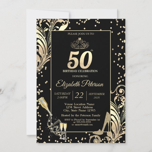 Tiara Glitter Heels Diamonds Swirls 50th Birthday Invitation (Front)