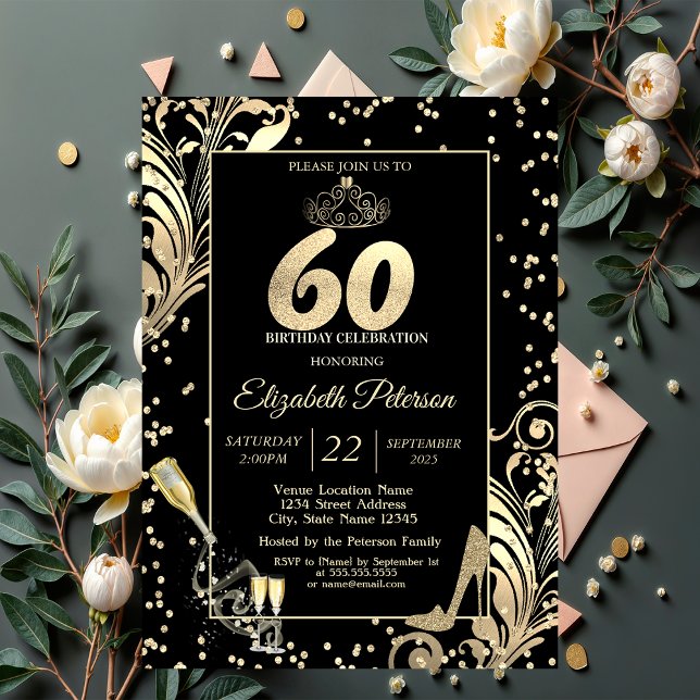 Tiara Glitter Heels Diamonds Swirls 60th Birthday Invitation (Creator Uploaded)