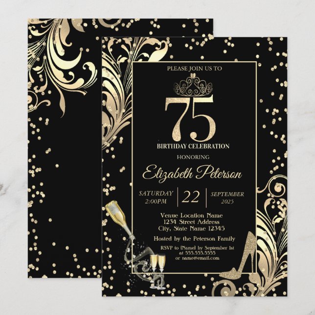 Tiara Glitter Heels Diamonds Swirls 75th Birthday Invitation (Front/Back)