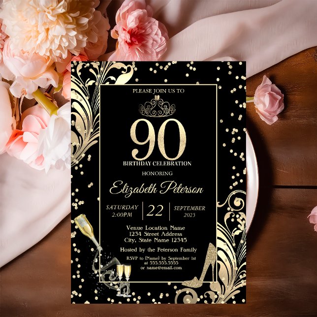 Tiara Glitter Heels Diamonds Swirls 90th Birthday Invitation (Creator Uploaded)