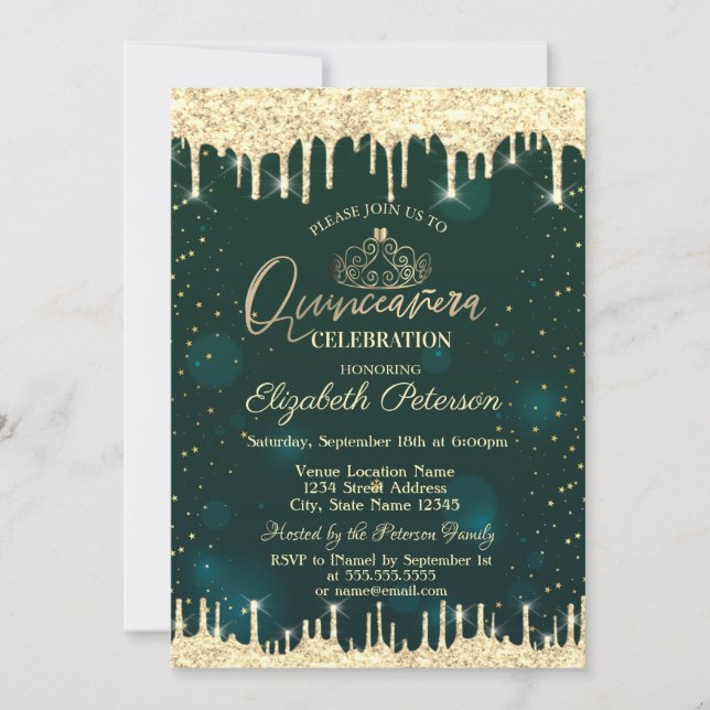 Tiara,Gold Glitter Drips Stars Green Quinceañera Invitation (Front)