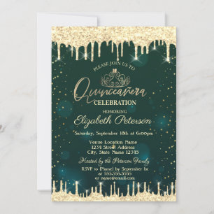 Tiara,Gold Glitter Drips Stars Green Quinceañera Invitation