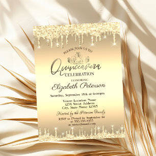 Tiara,Gold Glitter Drops Quinceañera  Invitation