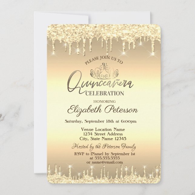 Tiara,Gold Glitter Drops Quinceañera  Invitation (Front)