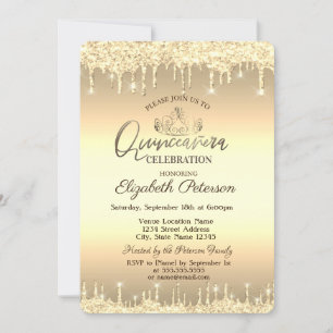 Tiara,Gold Glitter Drops Quinceañera  Invitation
