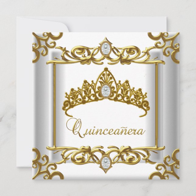 Tiara Gold White Quinceanera 15th Birthday Invitation (Front)
