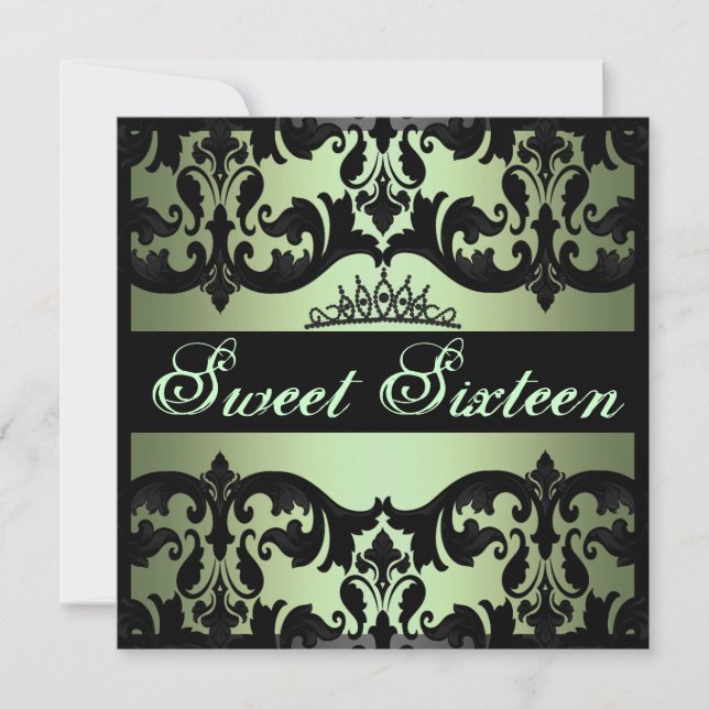 Tiara Green Sweet16 Damask Birthday Invite (Front)