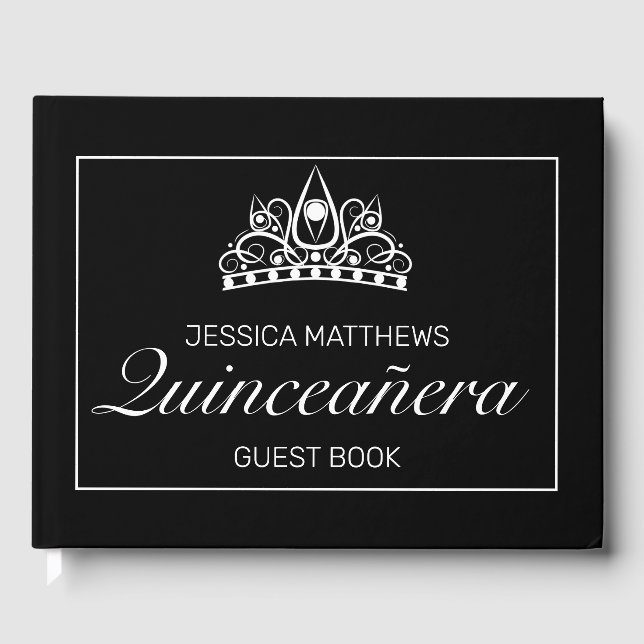 Tiara Modern Black Minimalist Quinceañera Birthday Guest Book (Front)