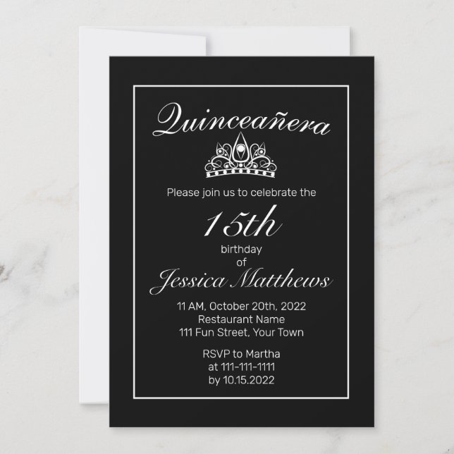 Tiara Modern Minimalist White Black Quinceañera Invitation (Front)