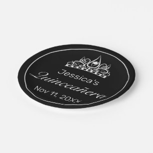 Tiara Modern Minimalist White Black Quinceañera Paper Plate