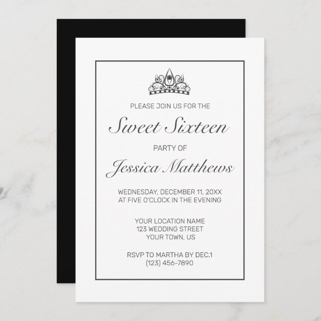 Tiara Modern Minimalist White Black Sweet 16 Invitation (Front/Back)