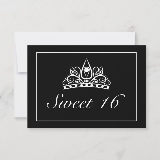 Tiara Modern Minimalist White Black Sweet 16 RSVP Card (Front)