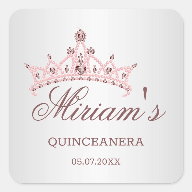 Tiara, pearls, gemstone in heart shape Quinceanera Square Sticker (Front)
