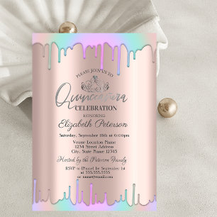 Tiara,Rainbow Drops Rose Gold Quinceañera Invitation