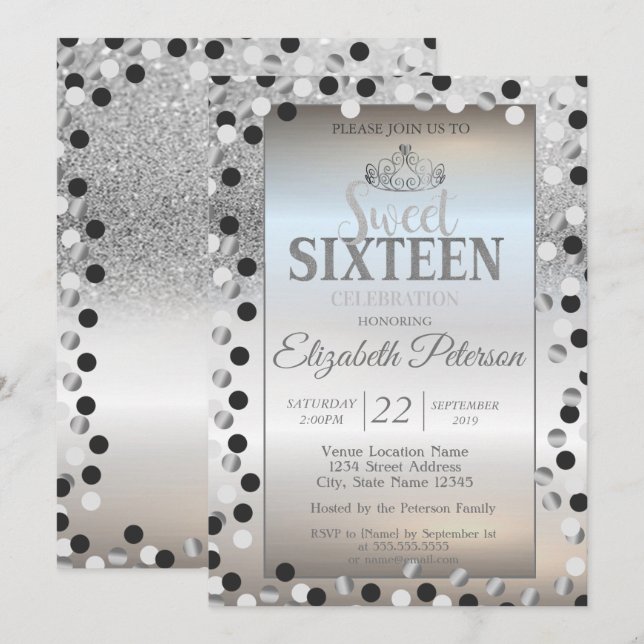 Tiara,Silver Glitter Bokeh Dots Sweet 16 Party Invitation (Front/Back)