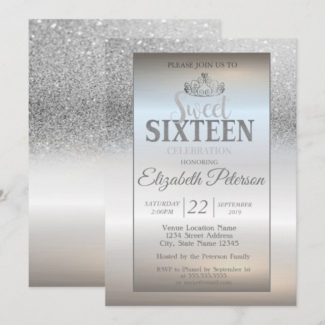 Tiara, Silver Glitter Bokeh Ombre Sweet 16 Party Invitation (Front/Back)