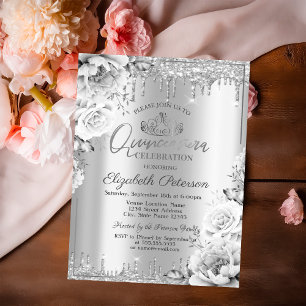 Tiara,Silver Glitter Drops Flowers Quinceañera Invitation