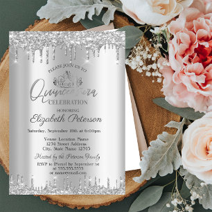 Tiara, Silver Glitter Drops Quinceañera Invitation