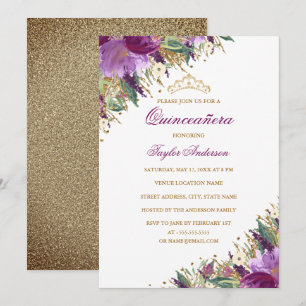 Tiara Sparkle Amethyst Purple Floral Quinceanera Invitation