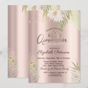 Tiara,String Lights Boho Flowers Quinceañera Invitation