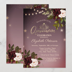 Tiara,String Lights,Burgundy Roses Quinceañera Invitation