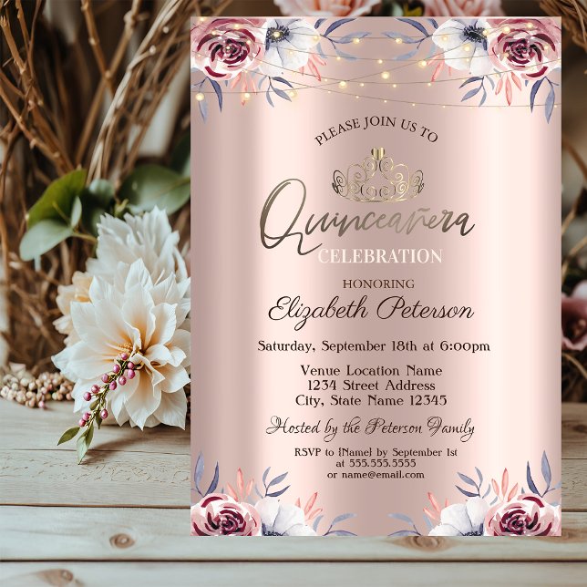 Tiara,String Lights Floral Rose Gold Quinceañera  Invitation (Creator Uploaded)