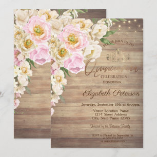 Tiara,String Lights Floral Wood Quinceañera  Invitation