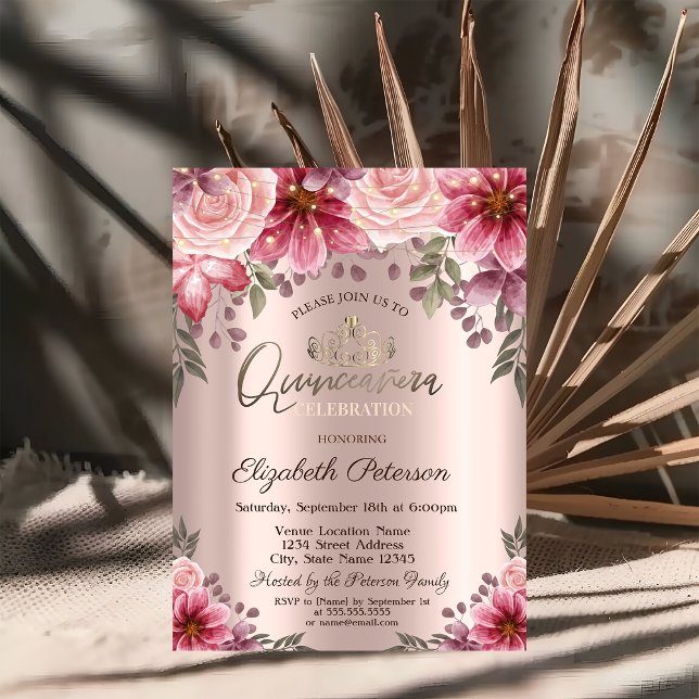 Tiara,String Lights Flowers Rose Gold Quinceañera Invitation (Creator Uploaded)