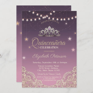 Tiara,String Lights,Lace  Quinceañera Invitation