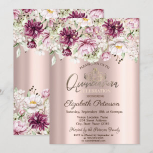 Tiara,String Lights,Pink Flowers Quinceañera Invitation