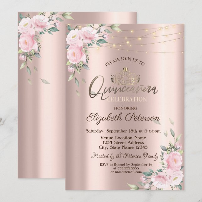 Tiara,String Lights Pink Roses  Quinceañera  Invitation (Front/Back)