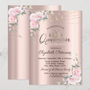 Tiara,String Lights Pink Roses Quinceañera Invitation